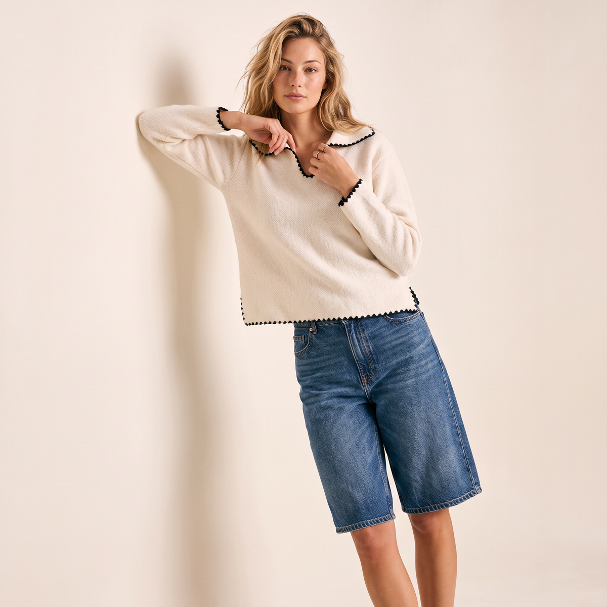 Marvena Gebreide Gebroken Witte Top met Kraag