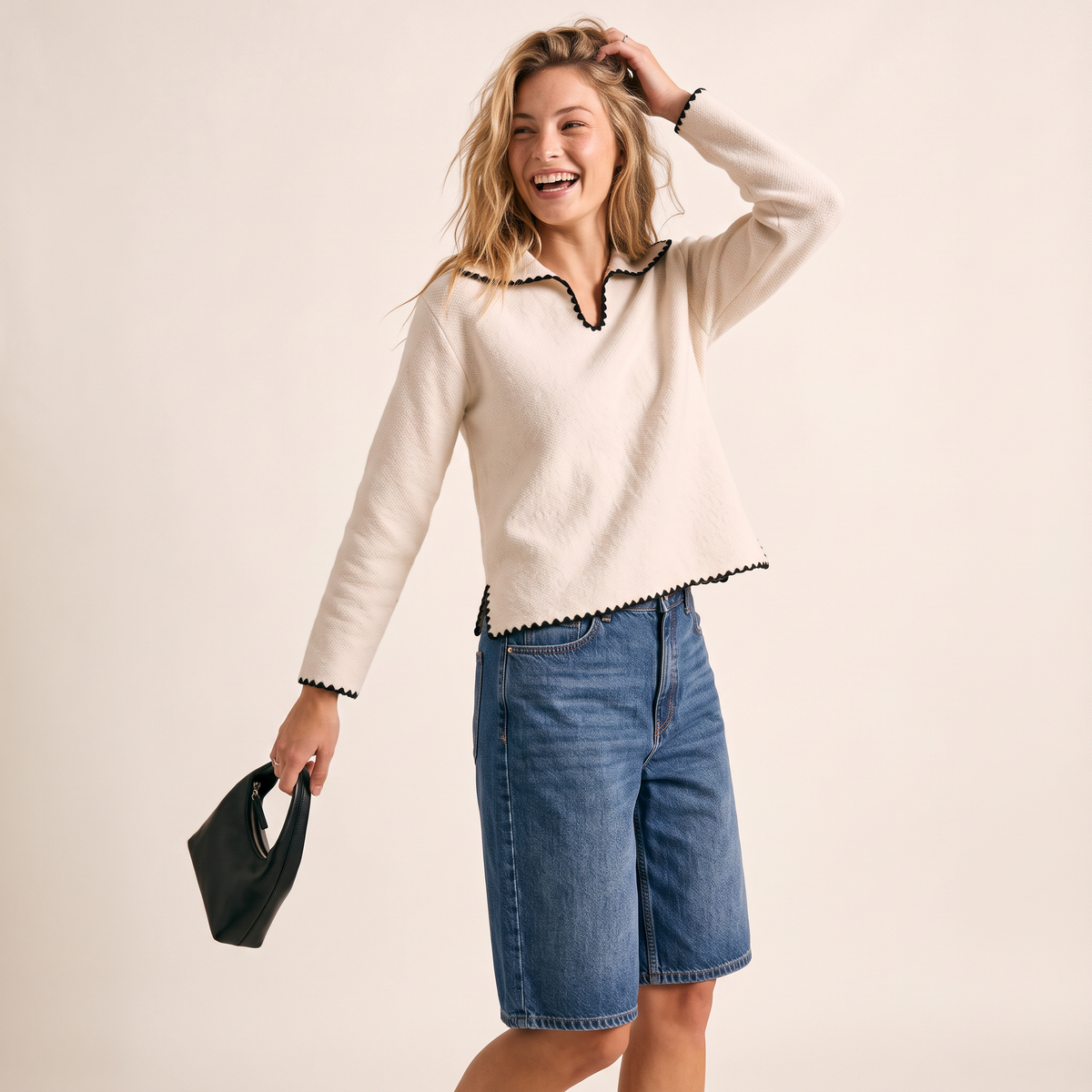 Marvena Gebreide Gebroken Witte Top met Kraag