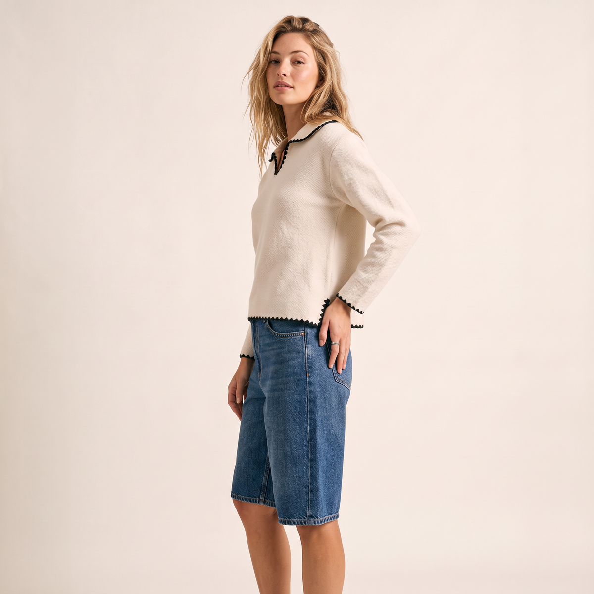 Marvena Gebreide Gebroken Witte Top met Kraag