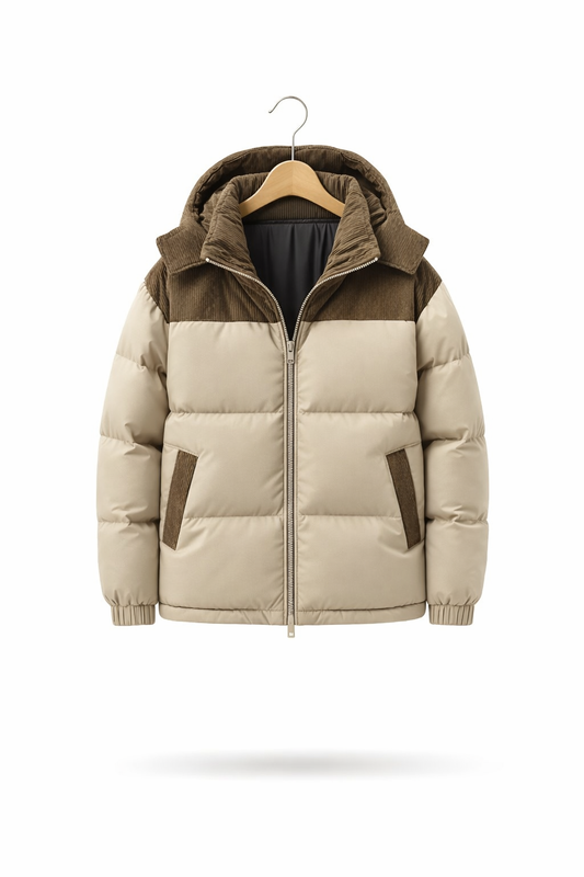 Corduroy Panel Cotton Filled Hooded Puffer Jacket