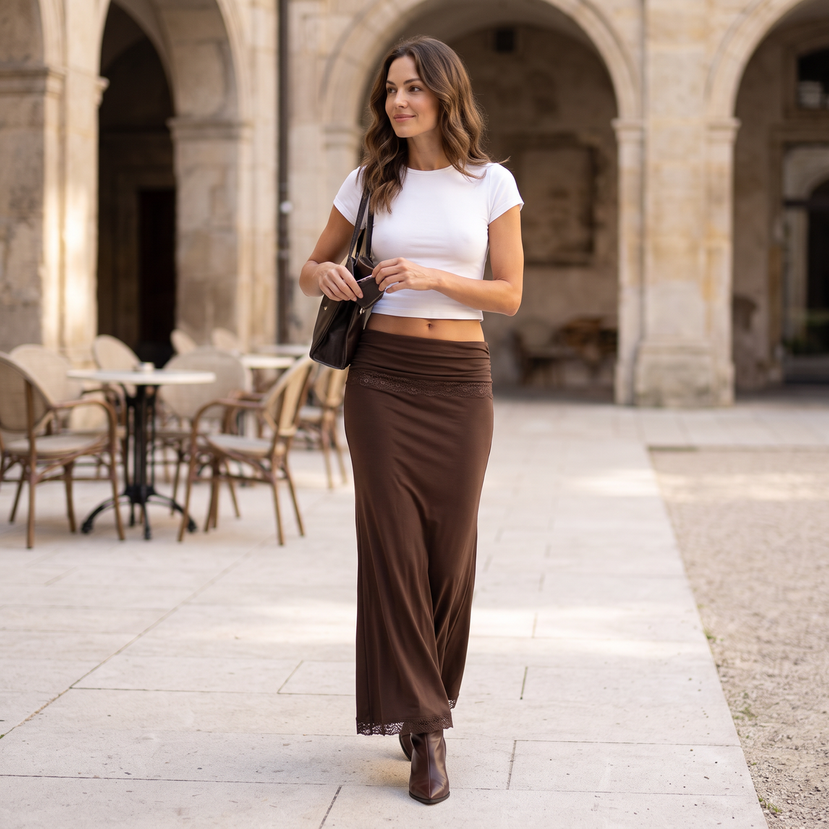 Melvanna Bruine Maxi-Rok met Kanten Rand
