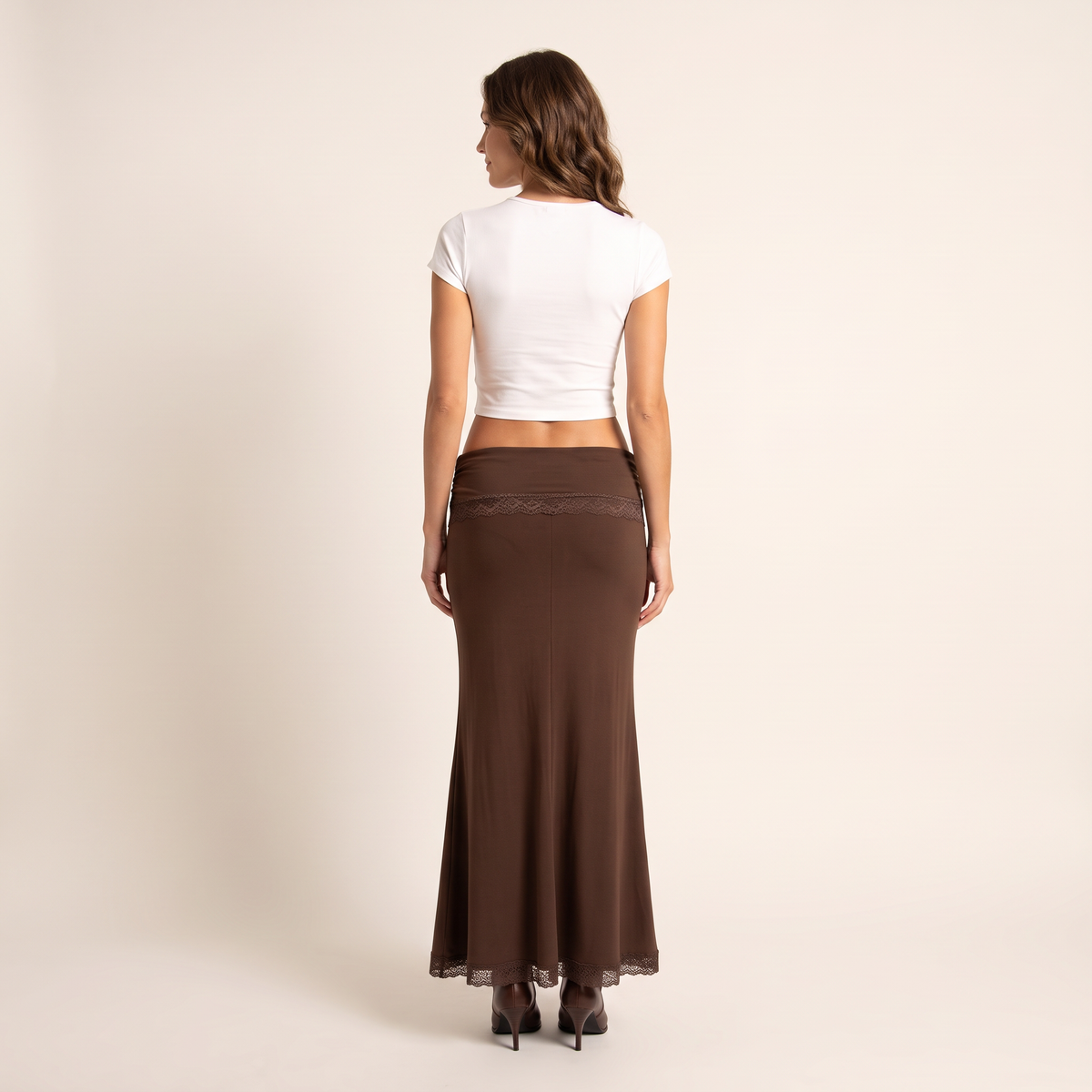 Melvanna Bruine Maxi-Rok met Kanten Rand