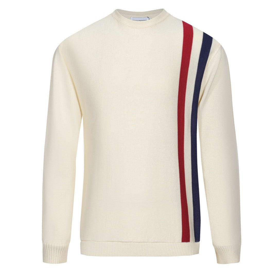 Men’s Cream Knit Crew Neck Sweater With Vertical Red And Navy Stripe