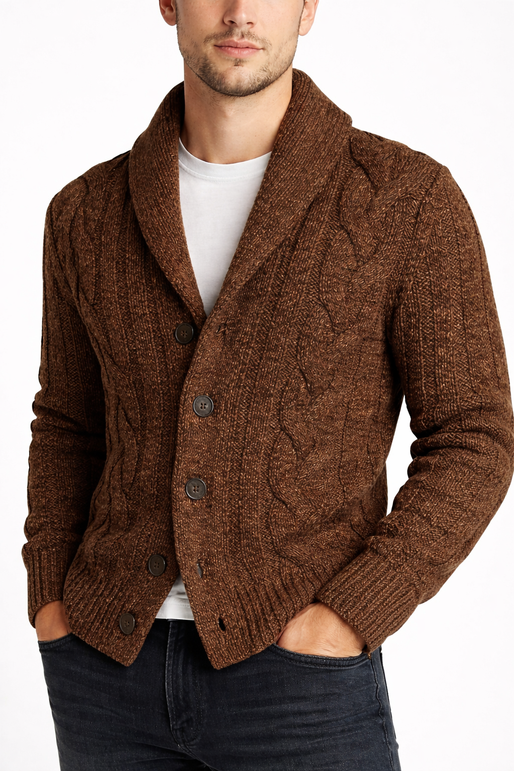 Men’s Shawl Collar Cable Knit Cardigan