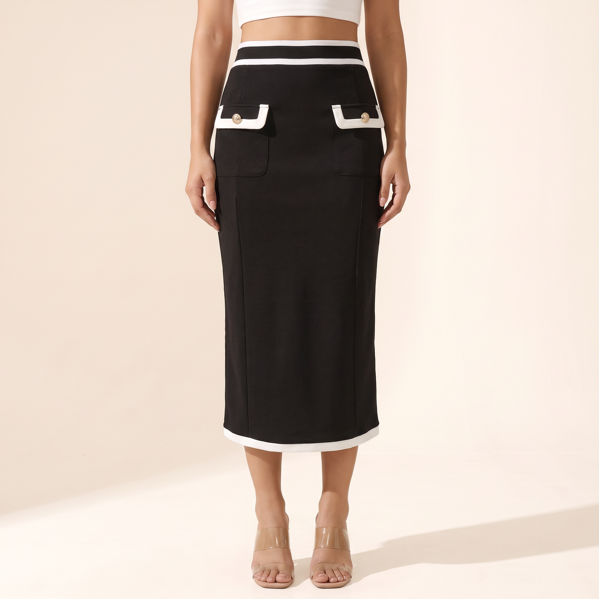 Annelie midi-rok met contrasterende biezen