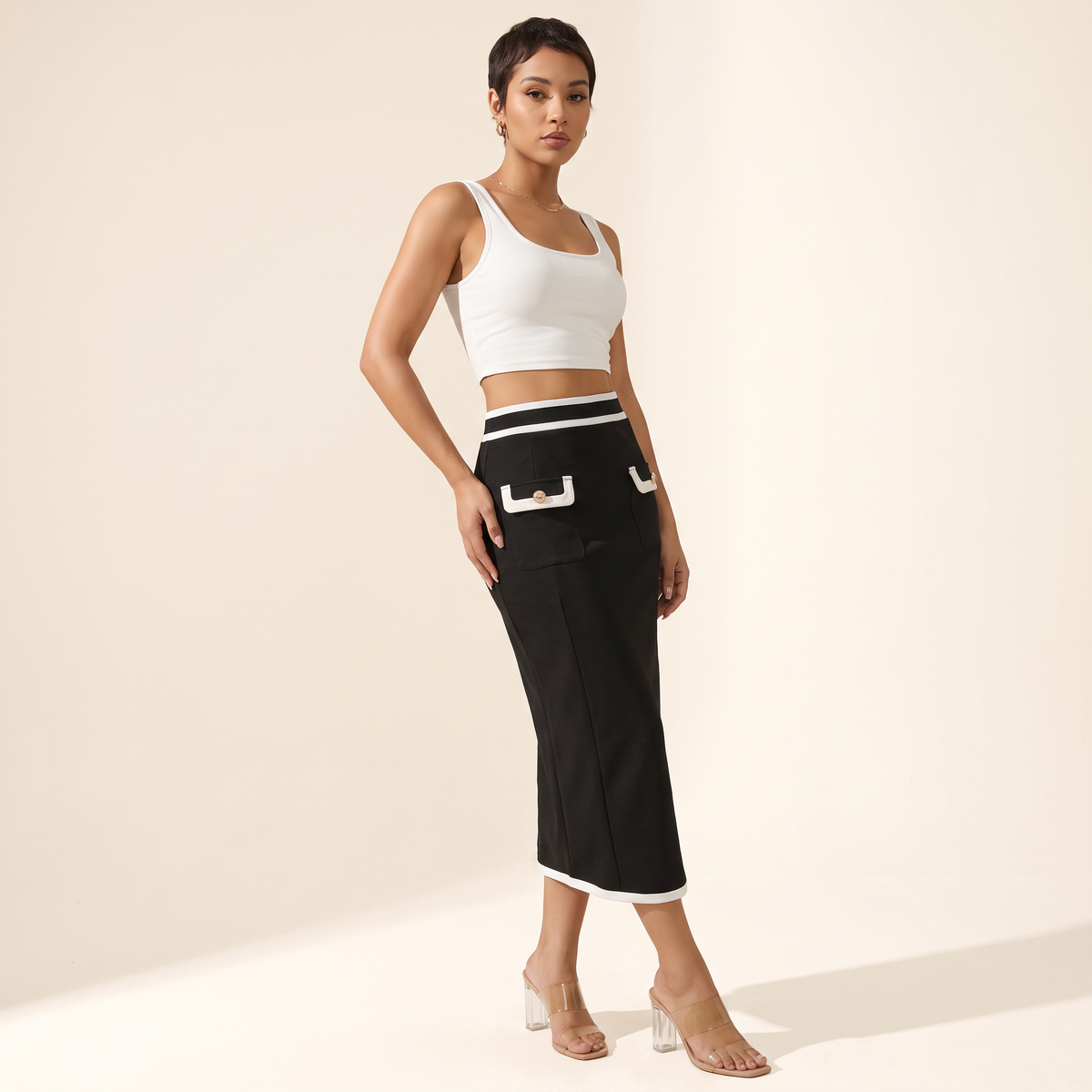 Annelie midi-rok met contrasterende biezen