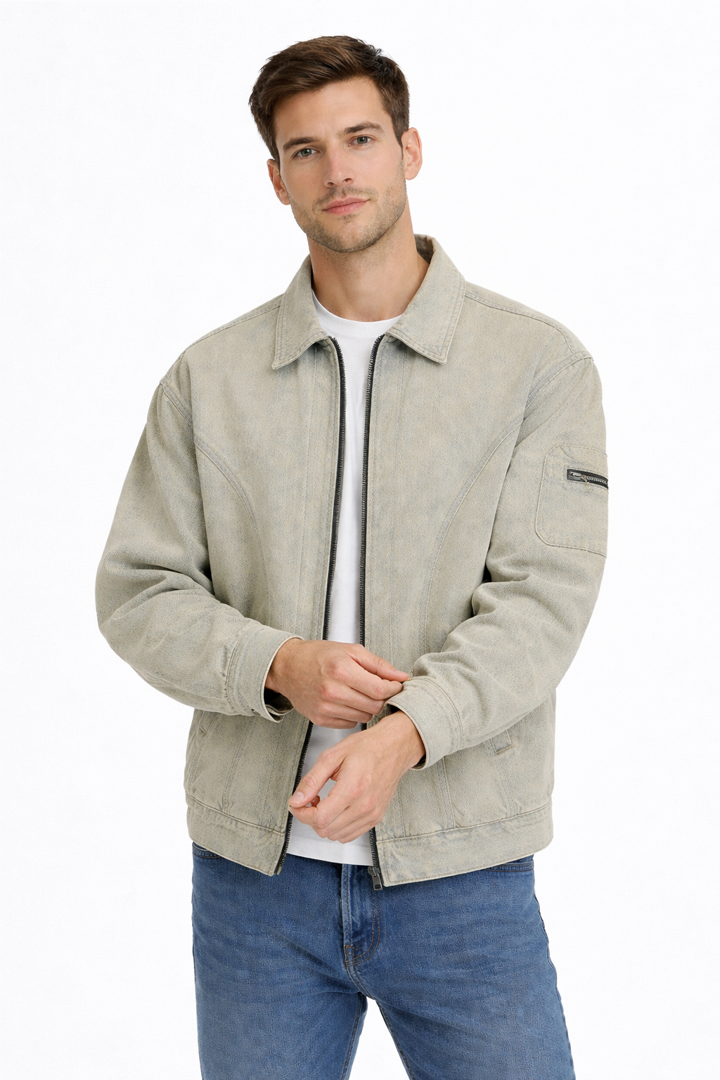 Men’s Zip Front Washed Denim Jacket