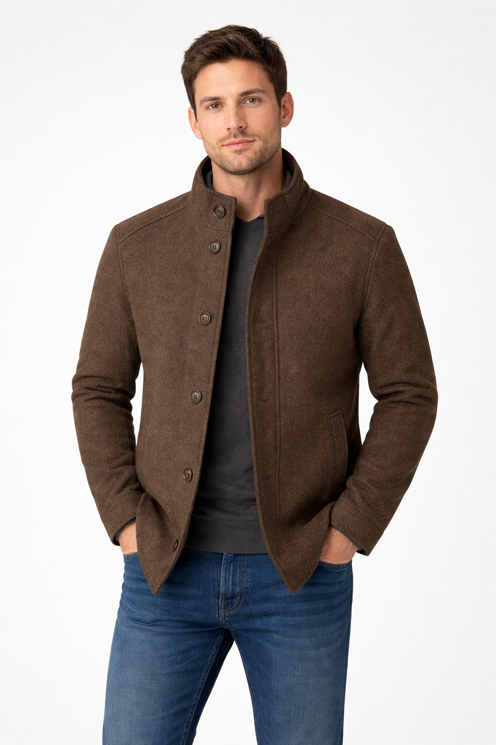 Men’s Wool Stand Collar City Jacket with Quilted Inner Layer