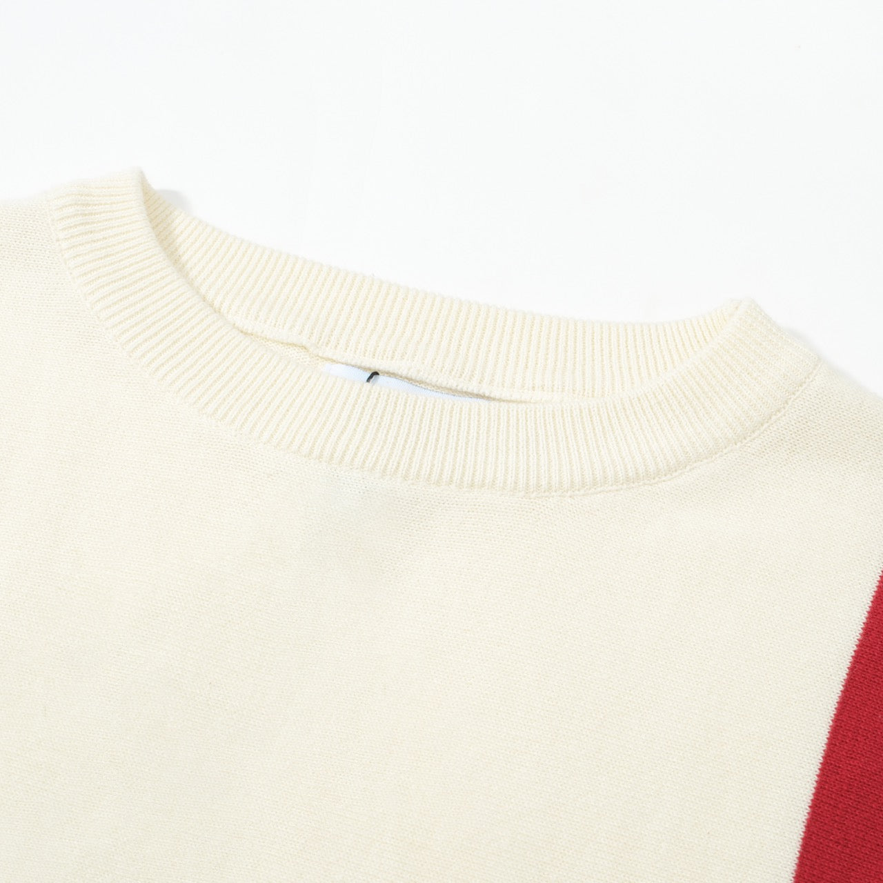 Men’s Cream Knit Crew Neck Sweater With Vertical Red And Navy Stripe