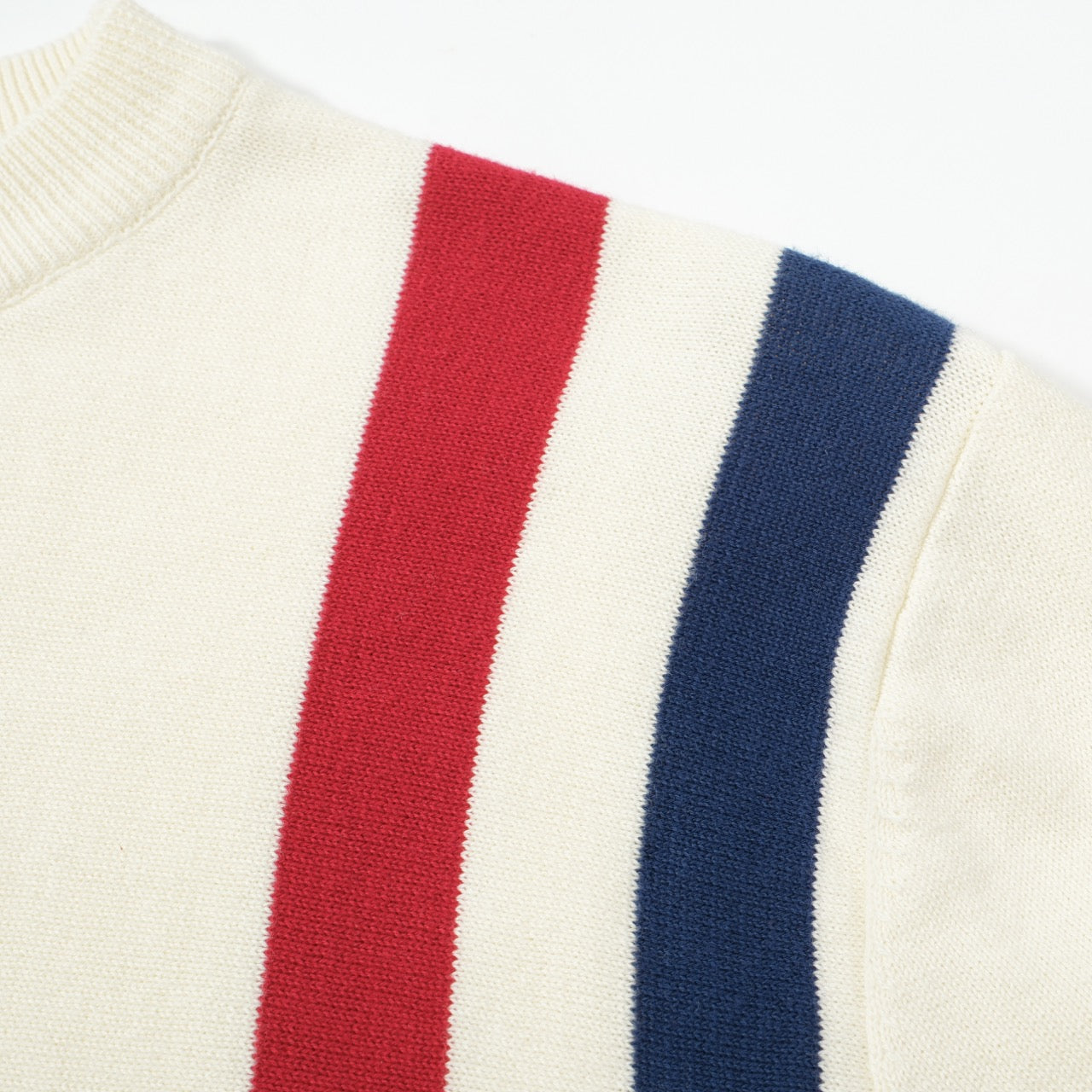 Men’s Cream Knit Crew Neck Sweater With Vertical Red And Navy Stripe