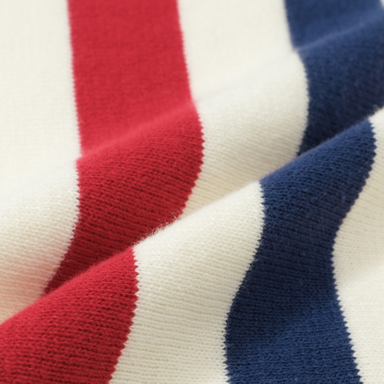 Men’s Cream Knit Crew Neck Sweater With Vertical Red And Navy Stripe