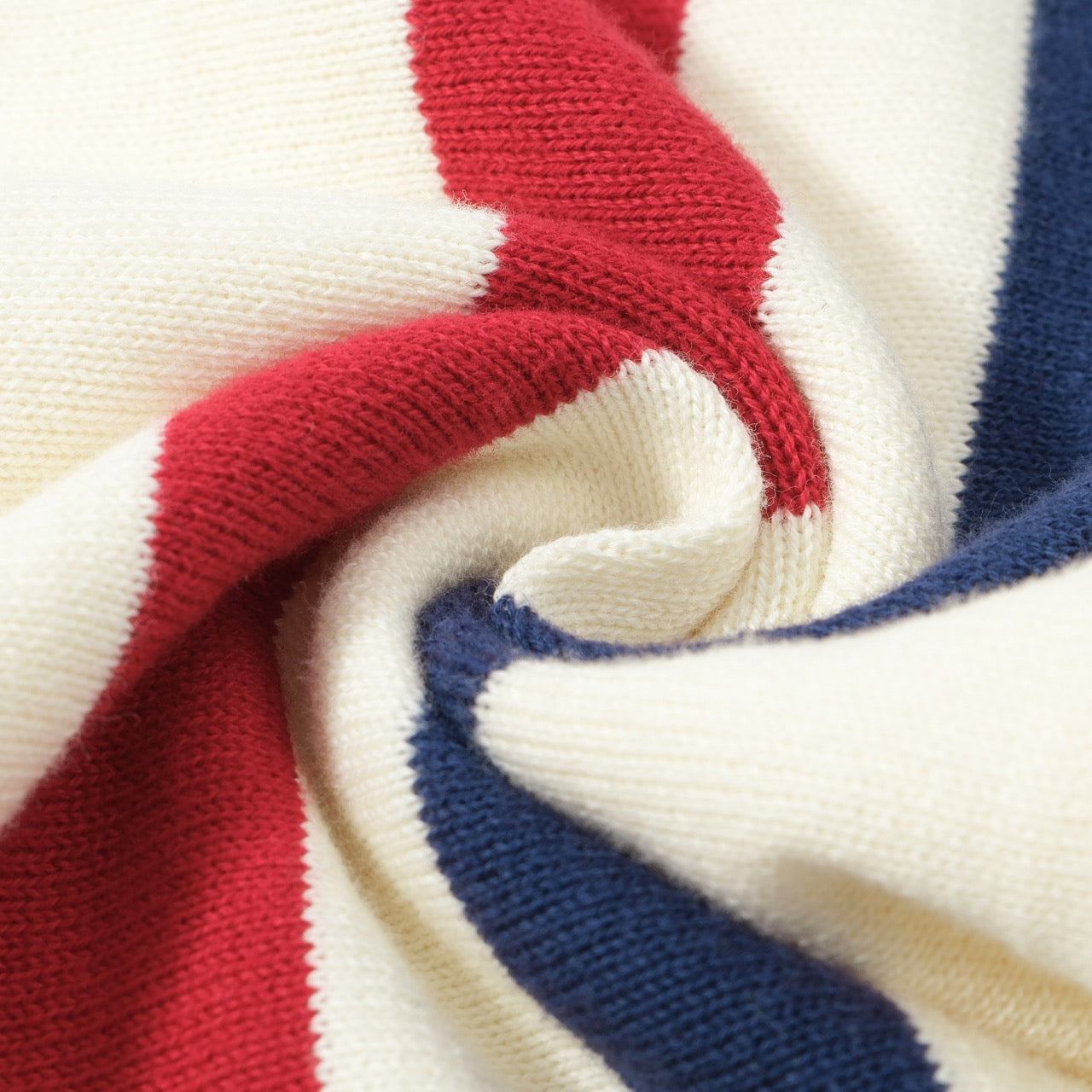 Men’s Cream Knit Crew Neck Sweater With Vertical Red And Navy Stripe