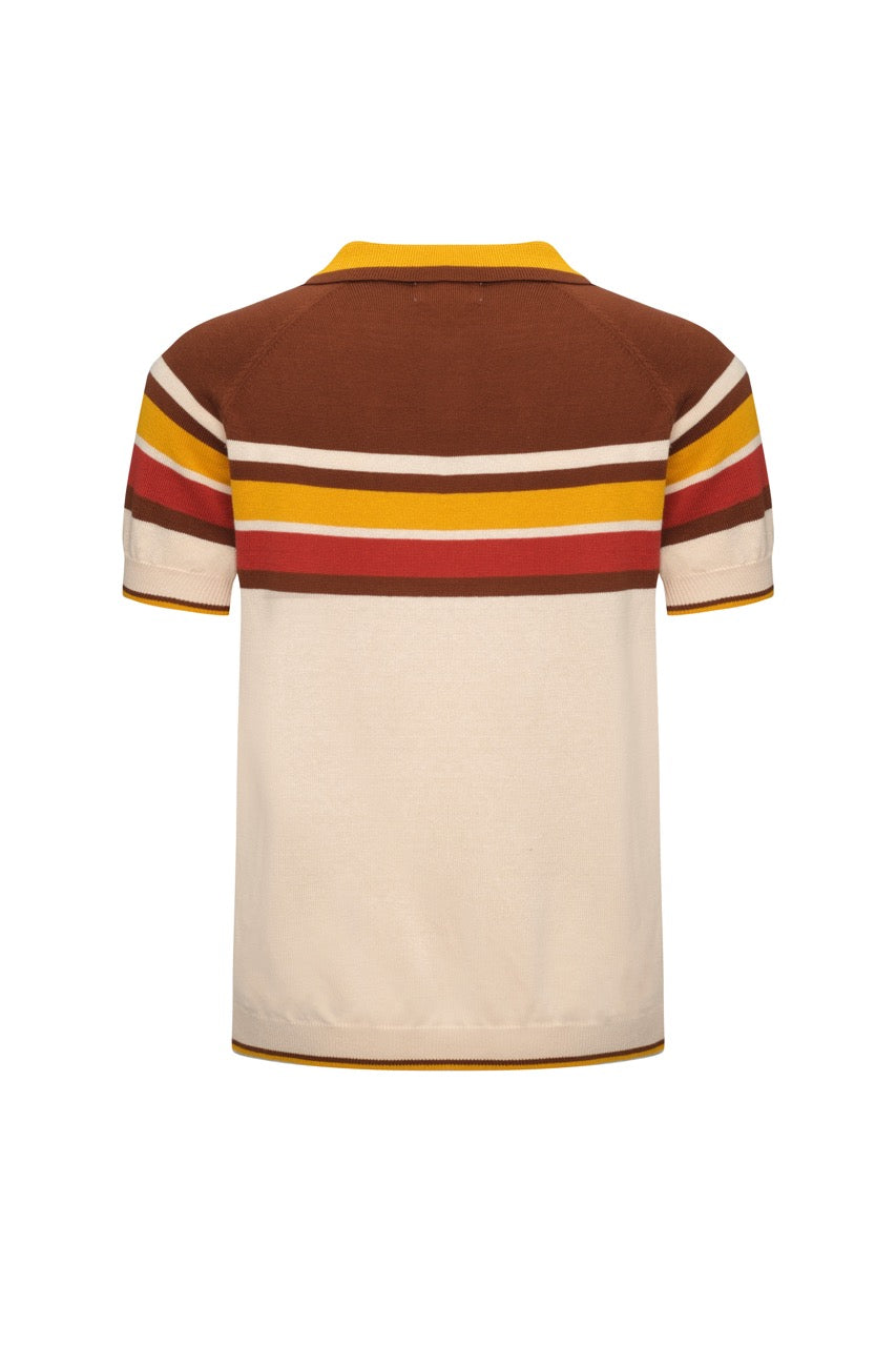 Men’s Cream Knit Short Sleeve Polo Shirt With Horizontal Stripe Pattern And Zip Collar