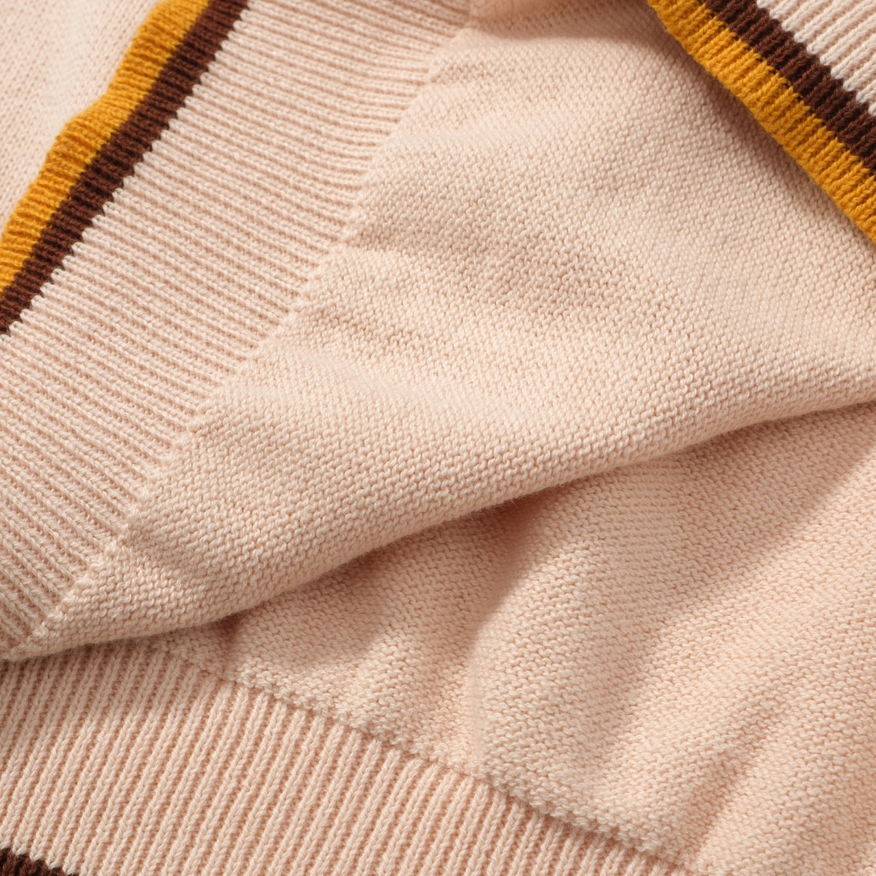 Men’s Cream Knit Short Sleeve Polo Shirt With Horizontal Stripe Pattern And Zip Collar