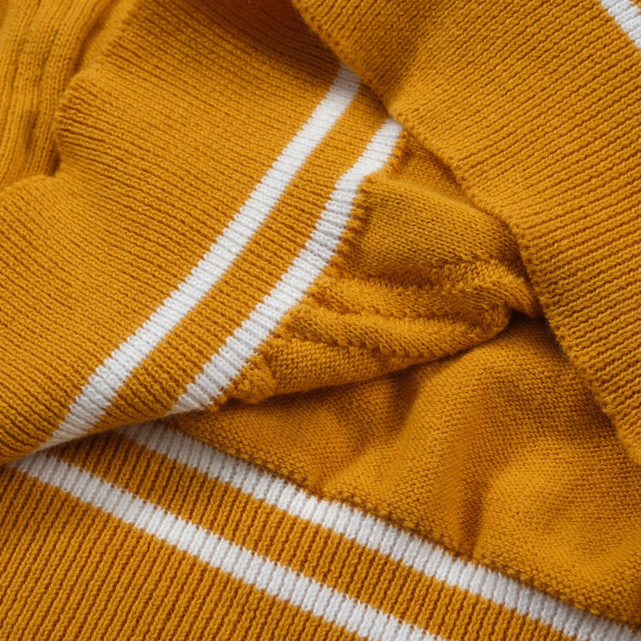 Men’s Mustard Knit Short Sleeve Polo Shirt With Textured Pattern And Contrast Trim