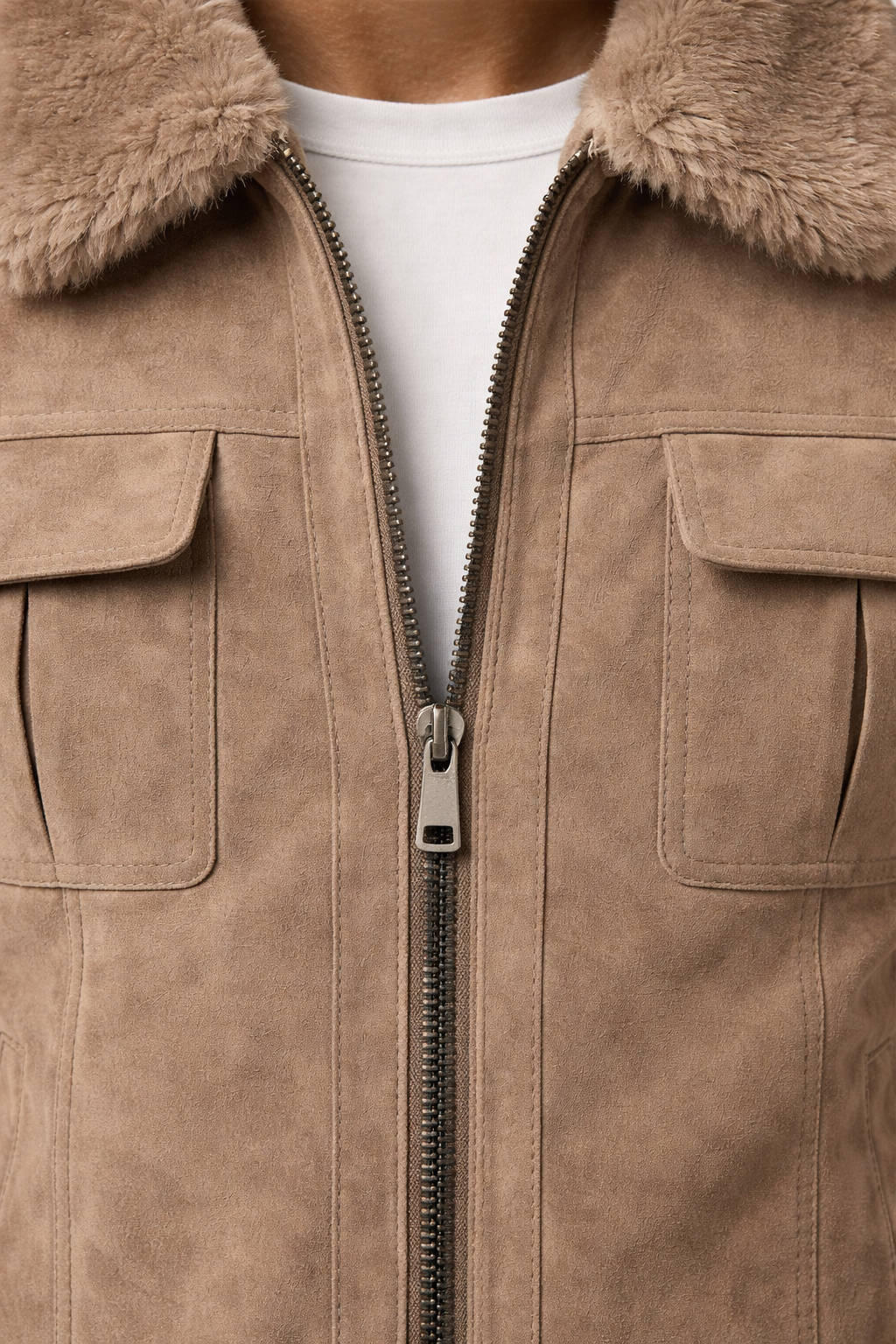 Men’s Structured Zip Front Jacket with Textured Outer Shell Faux Fur Style