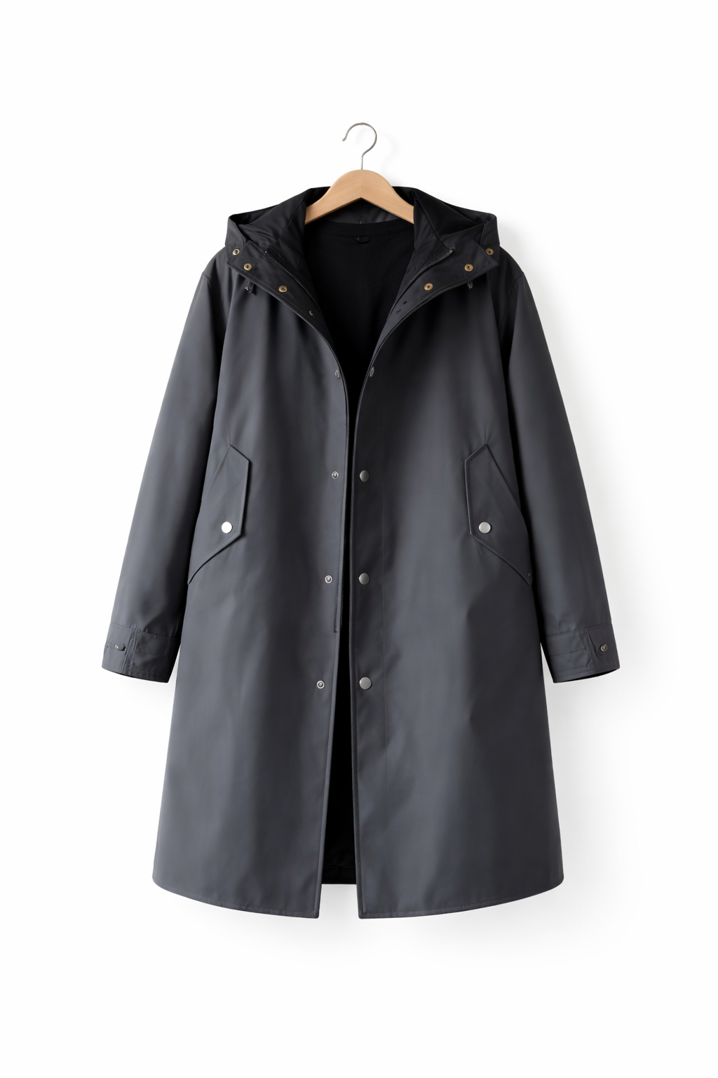 Men’s Long Hooded Coat with Button Front Clean Panel Design