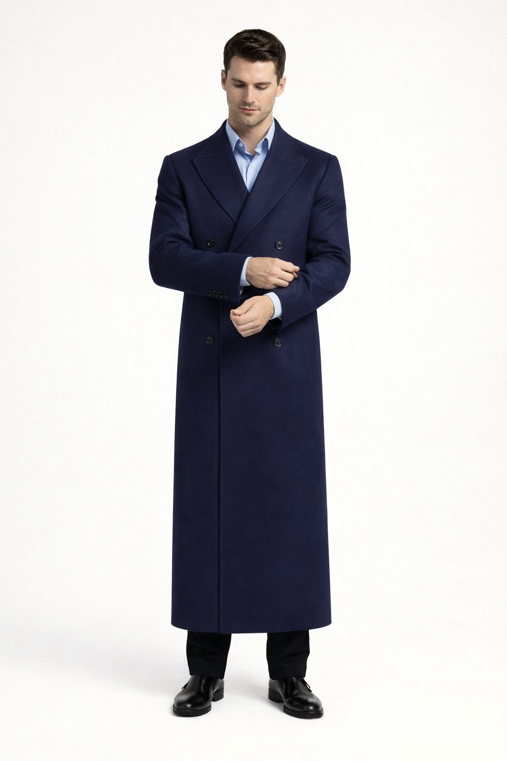 Men’s Navy Long Length Coat With Button Front Notched Collar