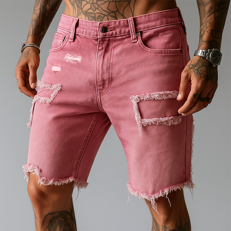Men’s Denim Shorts With Straight Fit Worn Texture And Frayed Hem