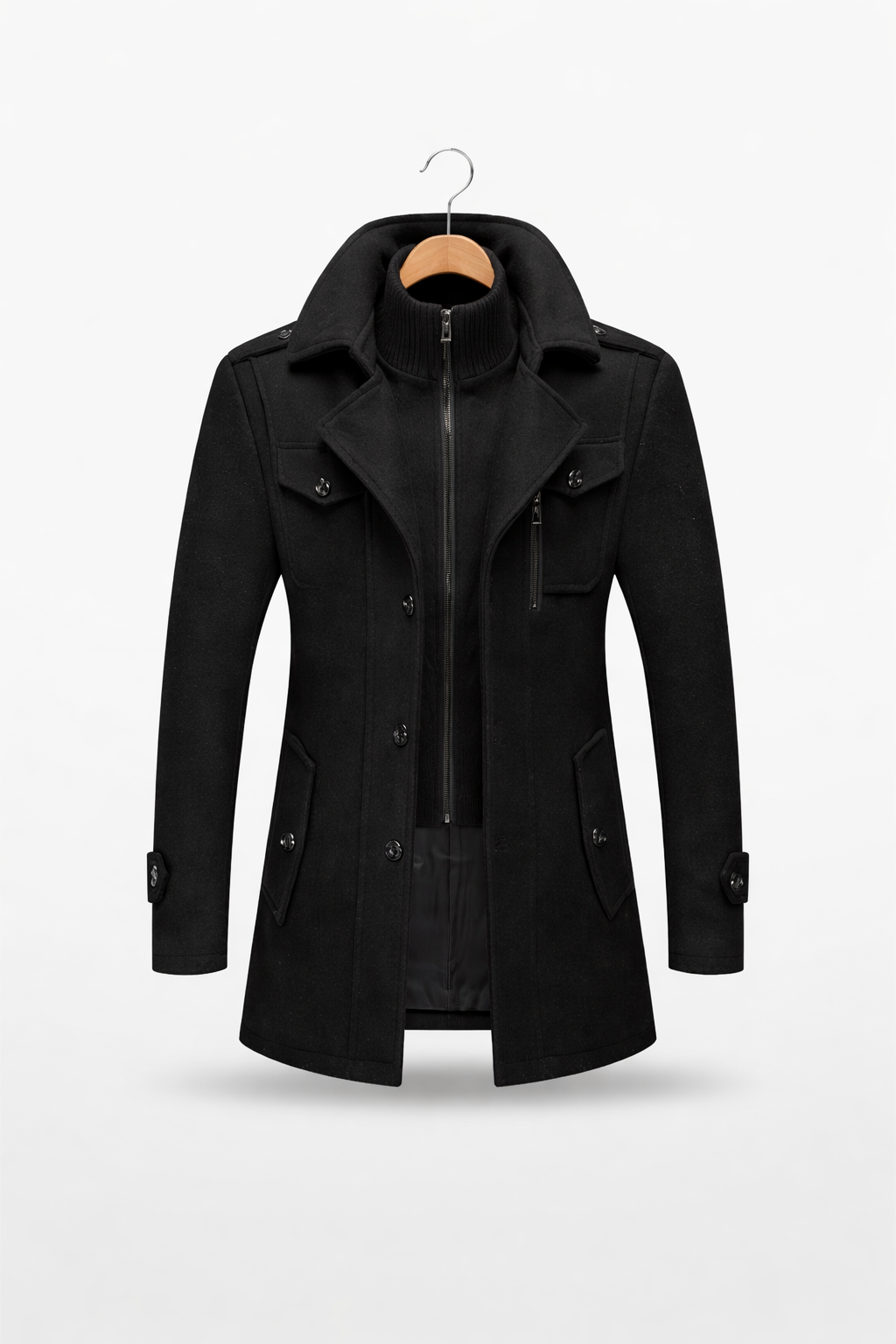 Men’s Wool Zip-Front Stand Collar City Jacket with Layered Inner Panel