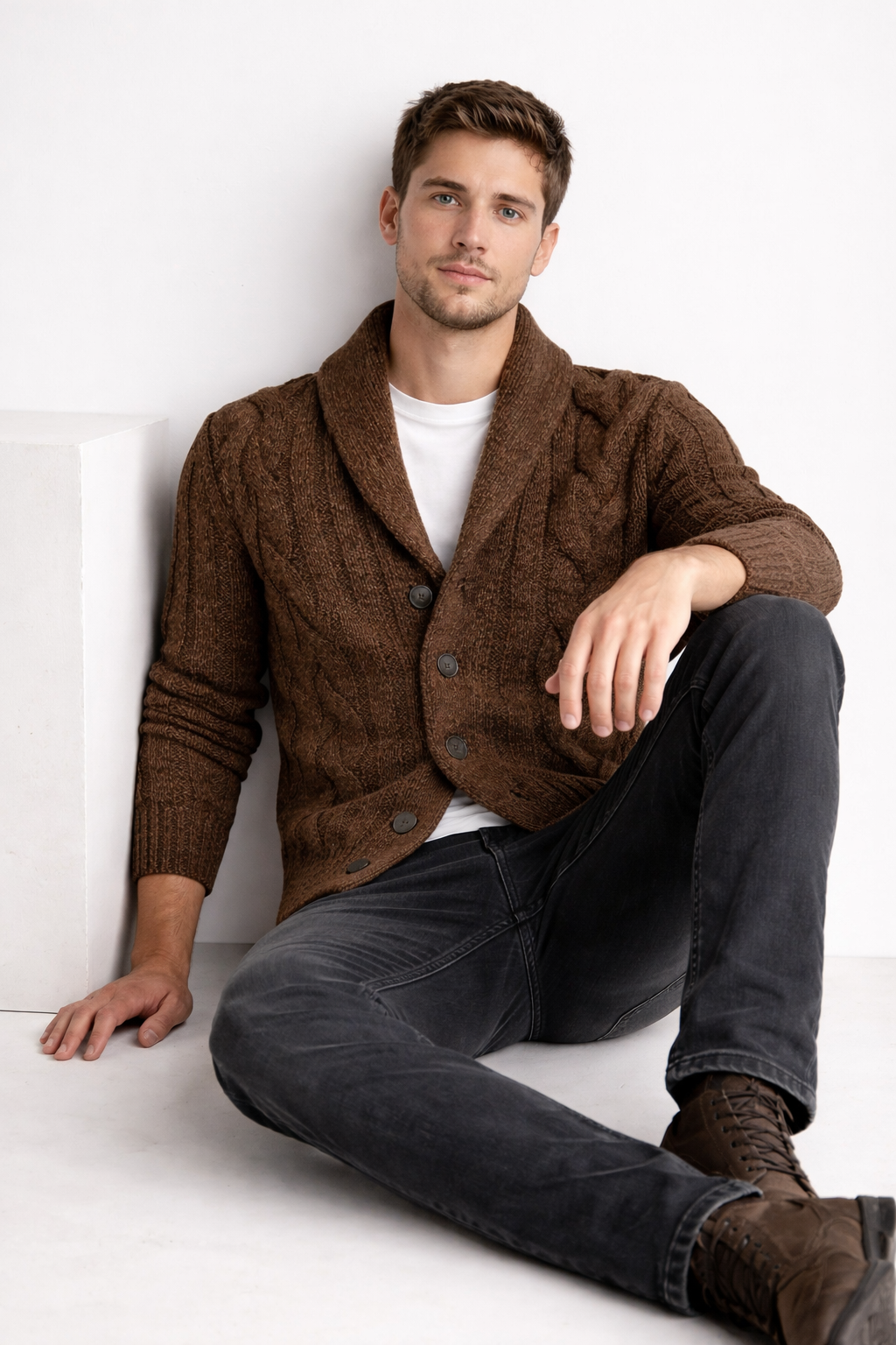 Men’s Shawl Collar Cable Knit Cardigan