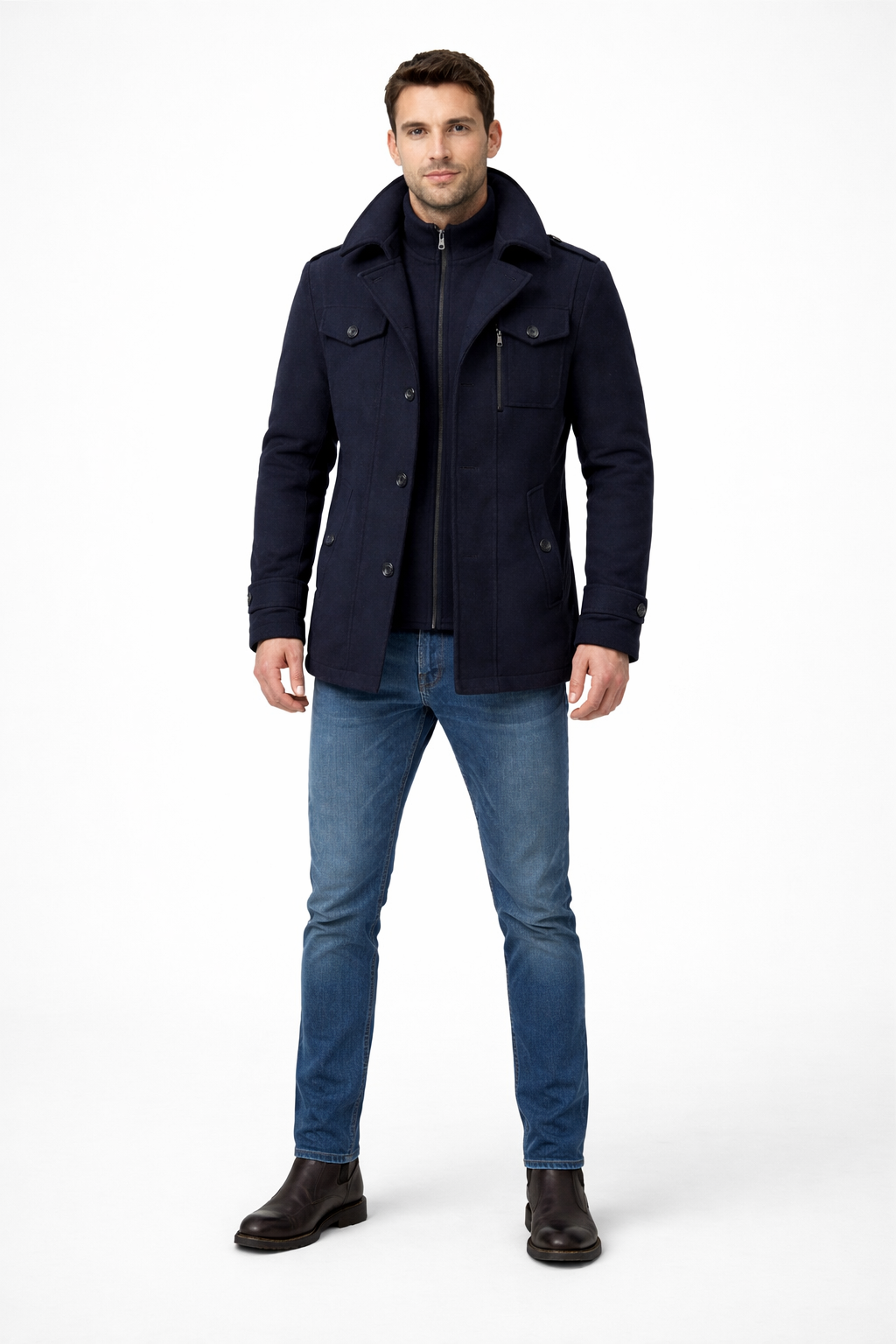 Men’s Wool Zip-Front Stand Collar City Jacket with Layered Inner Panel