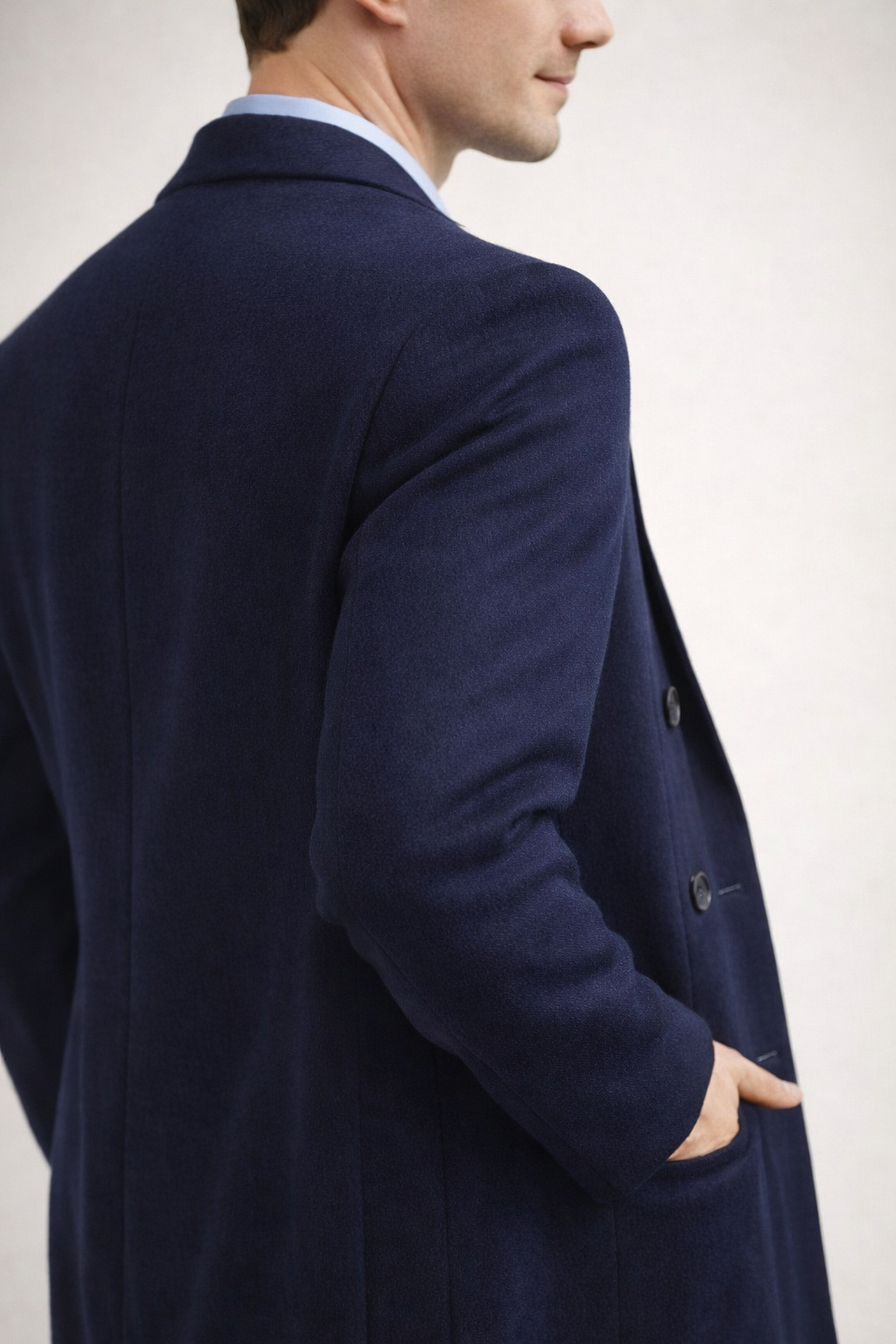 Men’s Navy Long Length Coat With Button Front Notched Collar