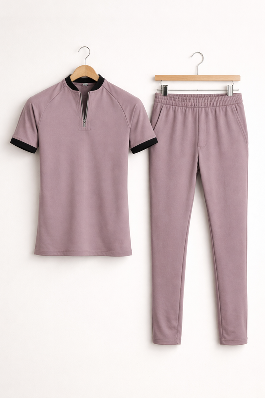 Zip Collar Short Sleeve Top and Slim Trousers Set