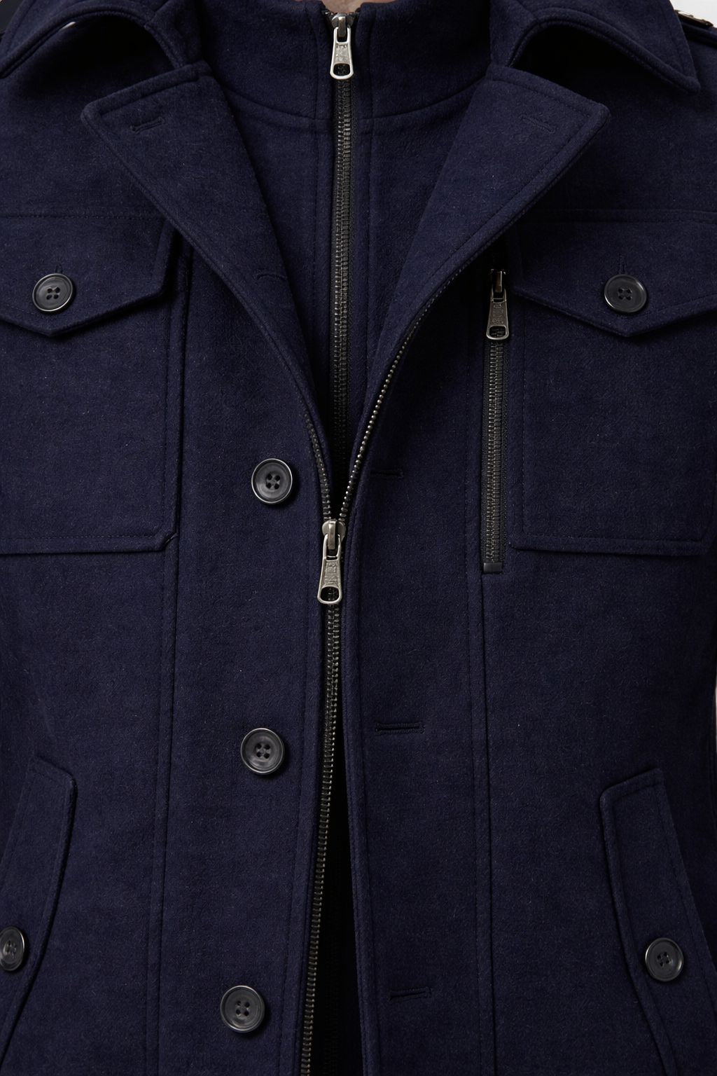 Men’s Wool Zip-Front Stand Collar City Jacket with Layered Inner Panel