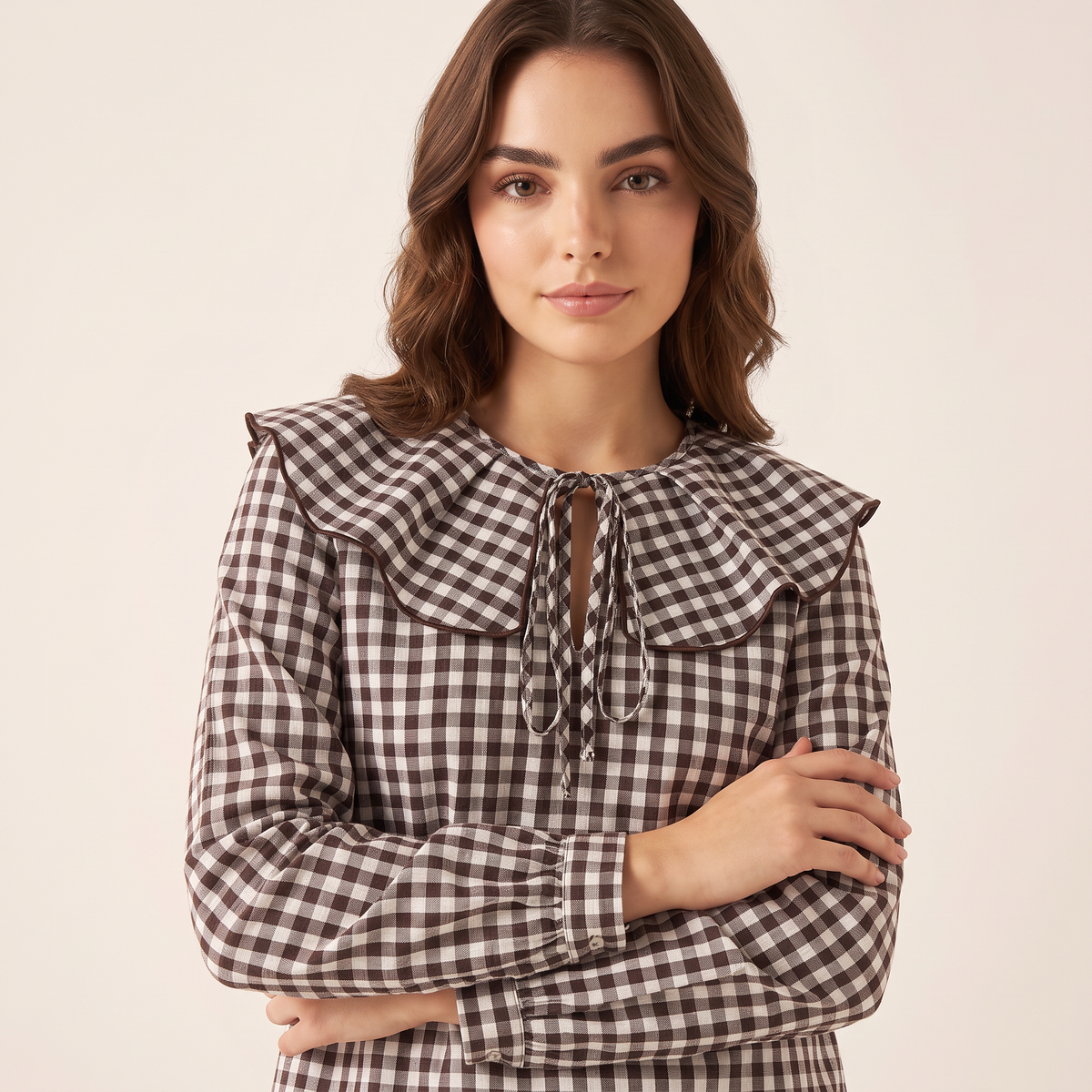 Rovenna Geruite Blouse met Rucheskraag
