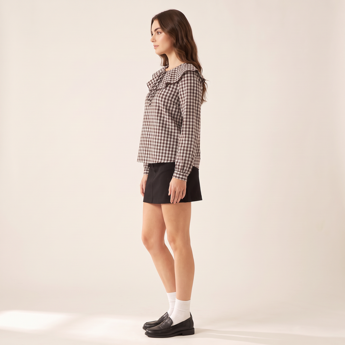 Rovenna Geruite Blouse met Rucheskraag