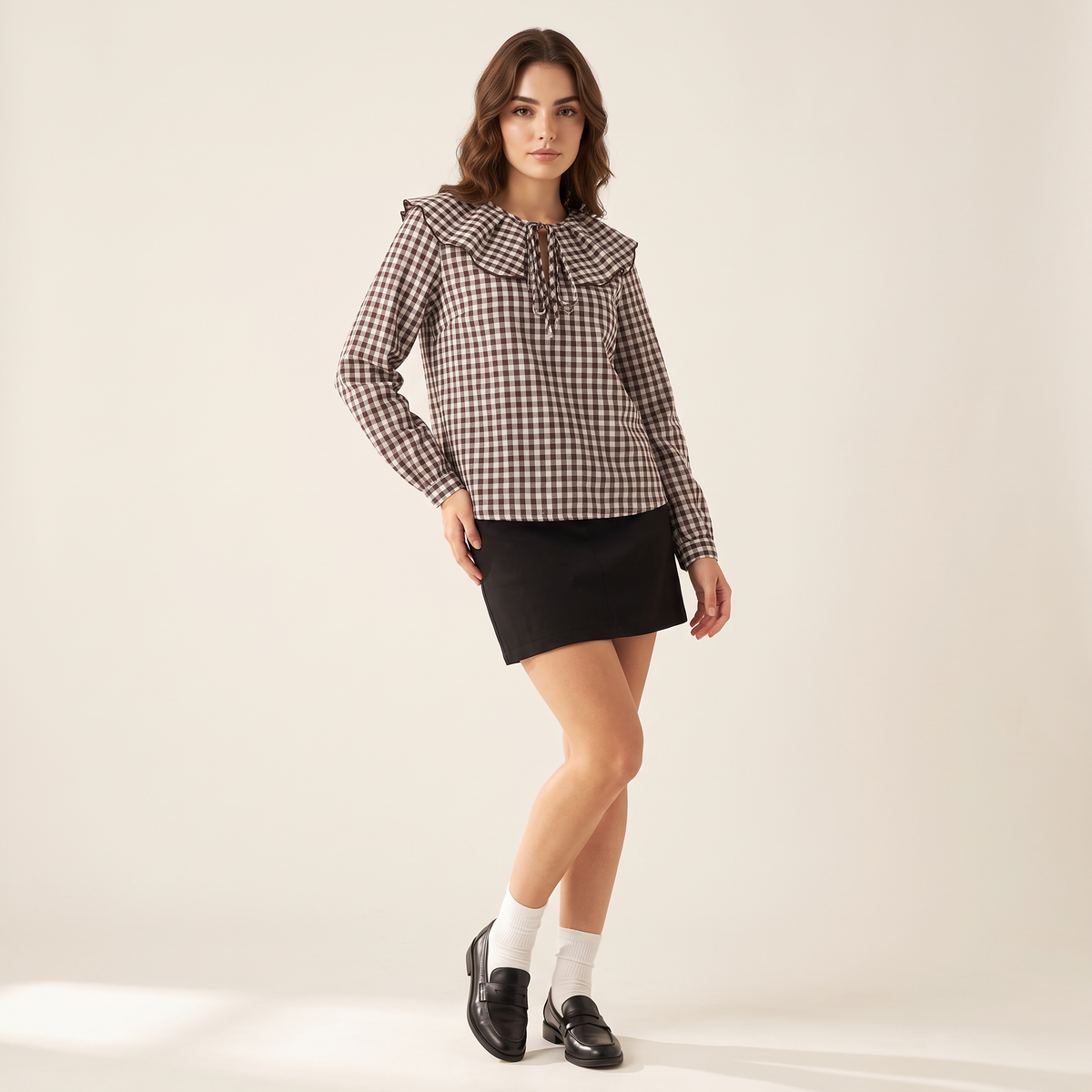 Rovenna Geruite Blouse met Rucheskraag