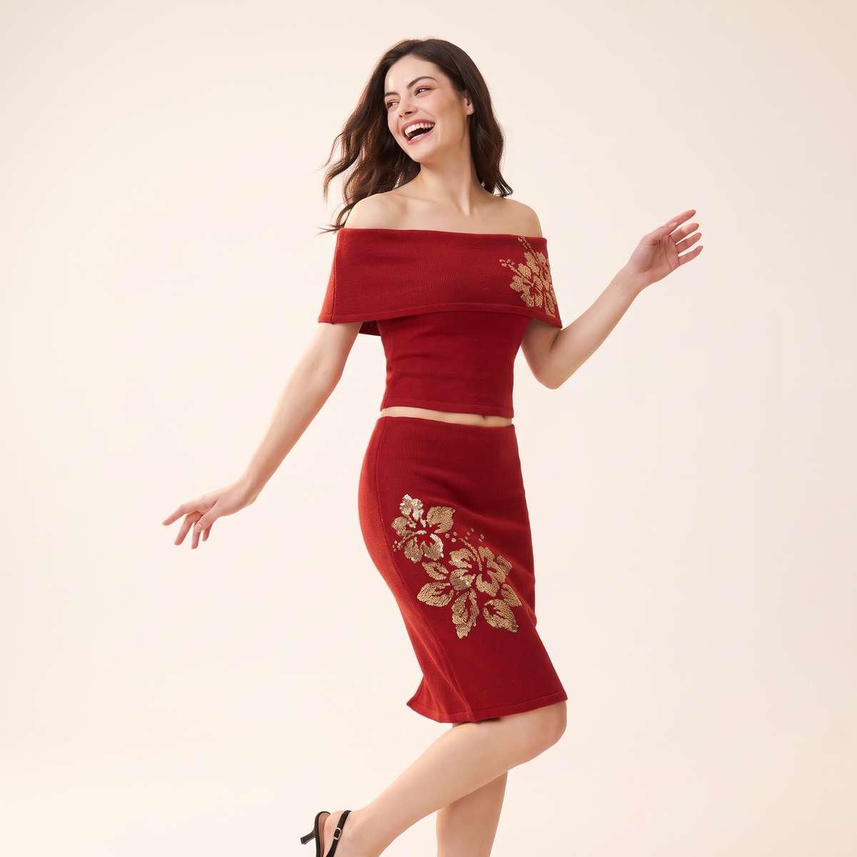 Rubessa Rode Off-Shoulder Top- en Rokset