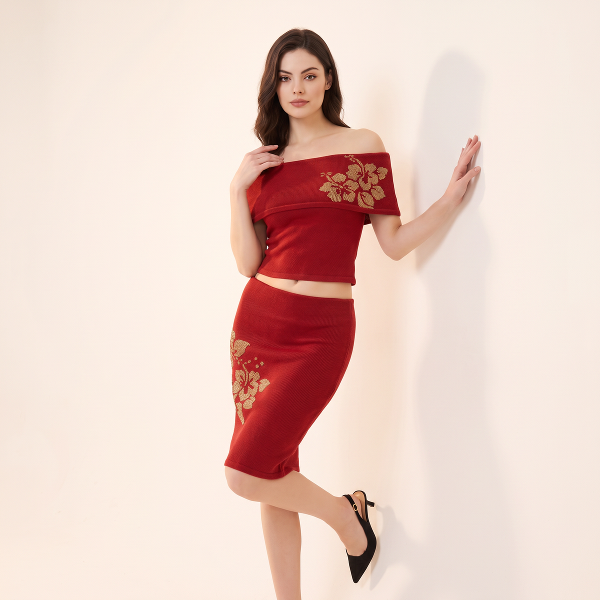 Rubessa Rode Off-Shoulder Top- en Rokset