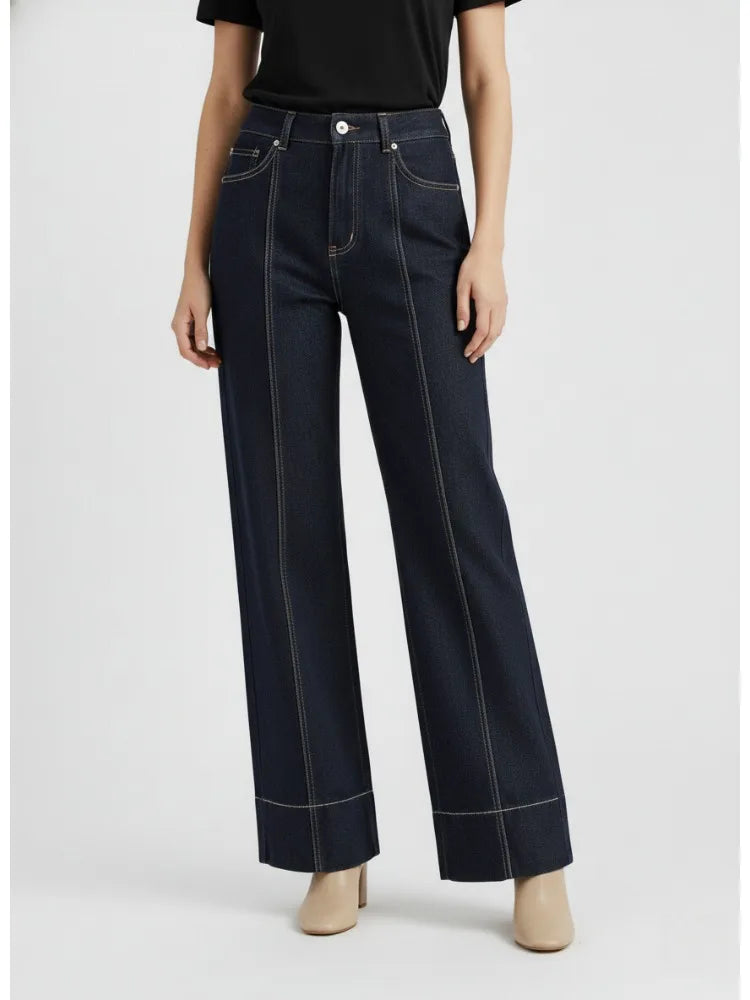 2026 Women Dark Blue High Waist Wide Leg Jeans Contrast Stitching Pocketed Retro Denim Pants Casual Outfits Women's Pants