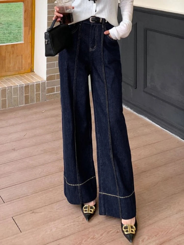 2026 Women Dark Blue High Waist Wide Leg Jeans Contrast Stitching Pocketed Retro Denim Pants Casual Outfits Women's Pants