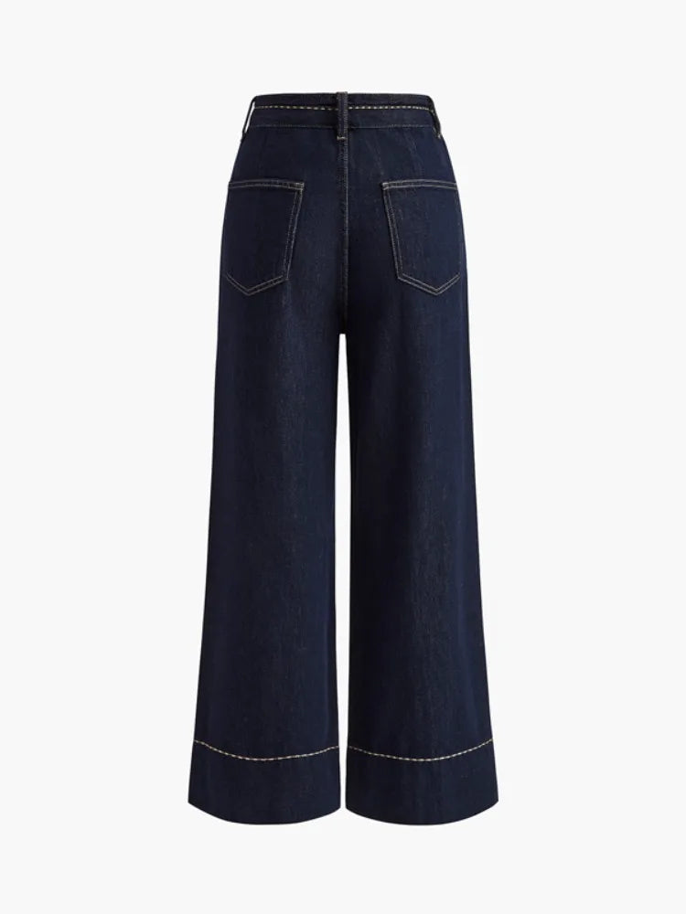 2026 Women Dark Blue High Waist Wide Leg Jeans Contrast Stitching Pocketed Retro Denim Pants Casual Outfits Women's Pants