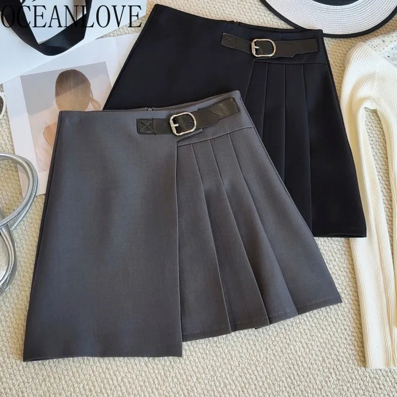 OCEANLOVE Women Skirts Solid Irregular Spring Summer A-line Versatile Mini Skirt Korean Fashion Preppy Style Faldas Mujer