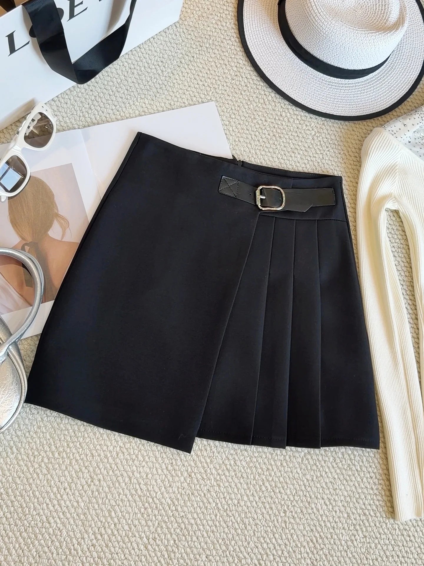 OCEANLOVE Women Skirts Solid Irregular Spring Summer A-line Versatile Mini Skirt Korean Fashion Preppy Style Faldas Mujer