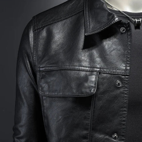 Men’s Black Coated Textile Button Front Jacket with Structured Panel Detailing