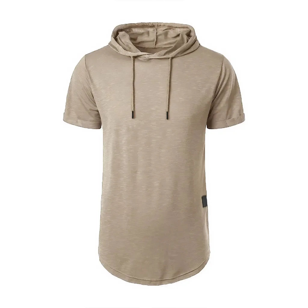 Men’s Short Sleeve Hooded Knit Top With Drawstring And Curved Hem