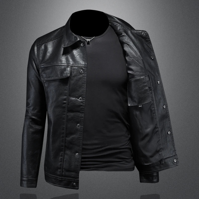 Men’s Black Coated Textile Button Front Jacket with Structured Panel Detailing