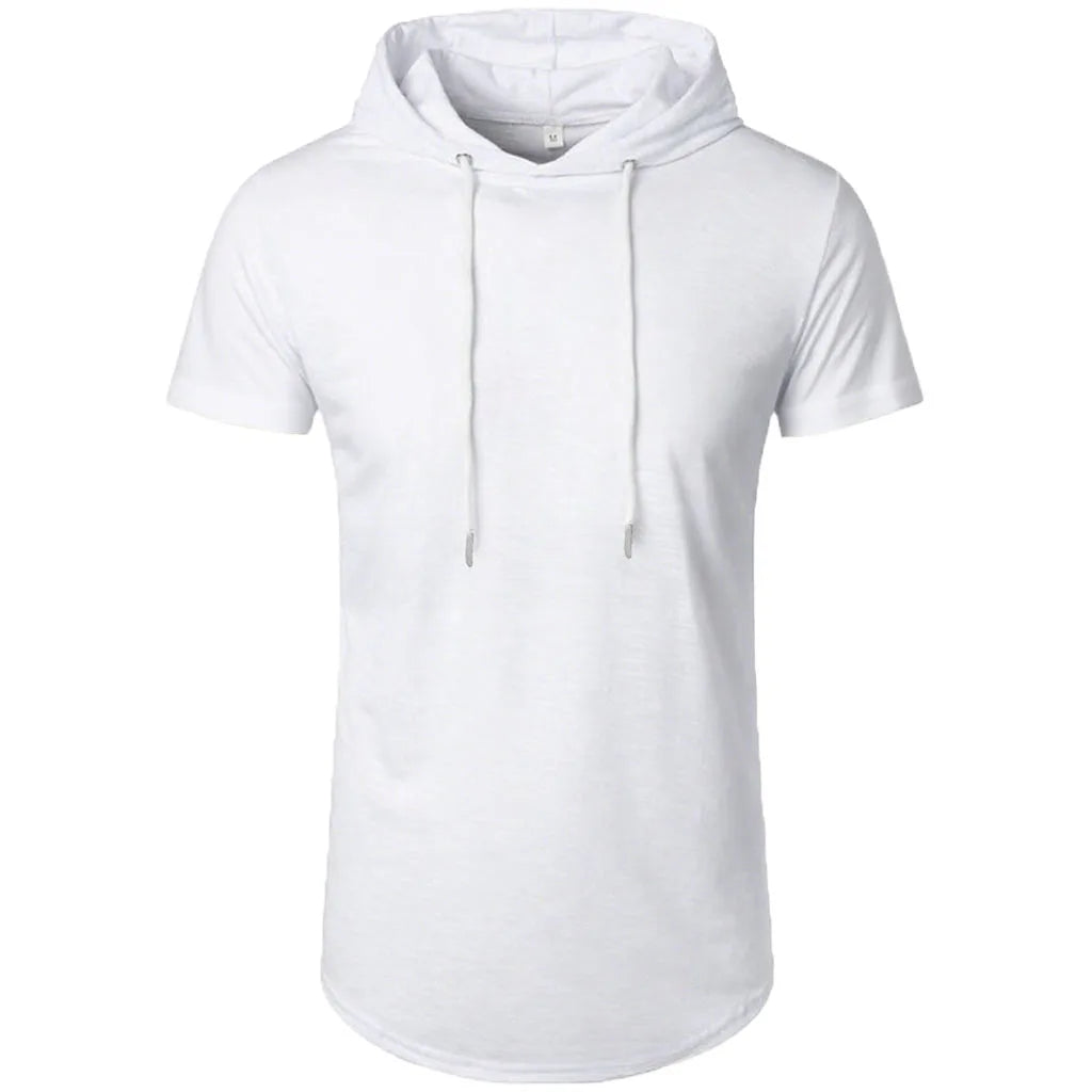 Men’s Short Sleeve Hooded Knit Top With Drawstring And Curved Hem