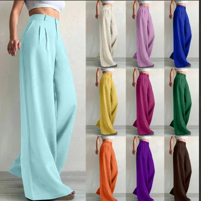 Pant women 2026 casual New elegant solid color button waist wide leg long trousers men's clothing