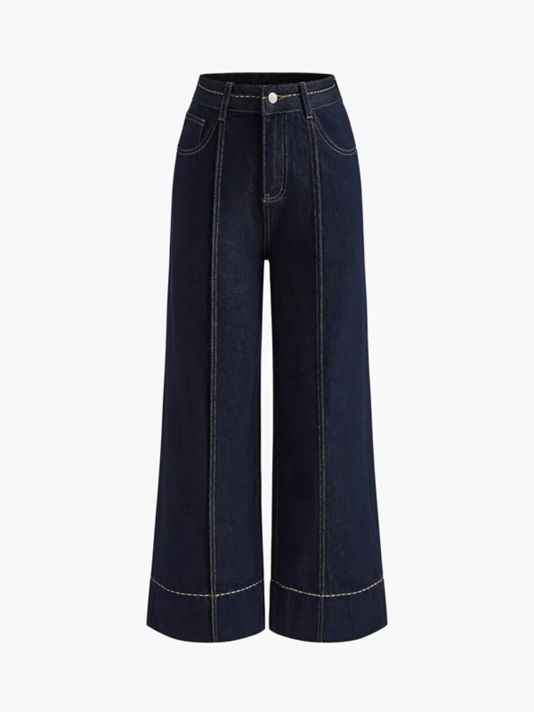 2026 Women Dark Blue High Waist Wide Leg Jeans Contrast Stitching Pocketed Retro Denim Pants Casual Outfits Women's Pants