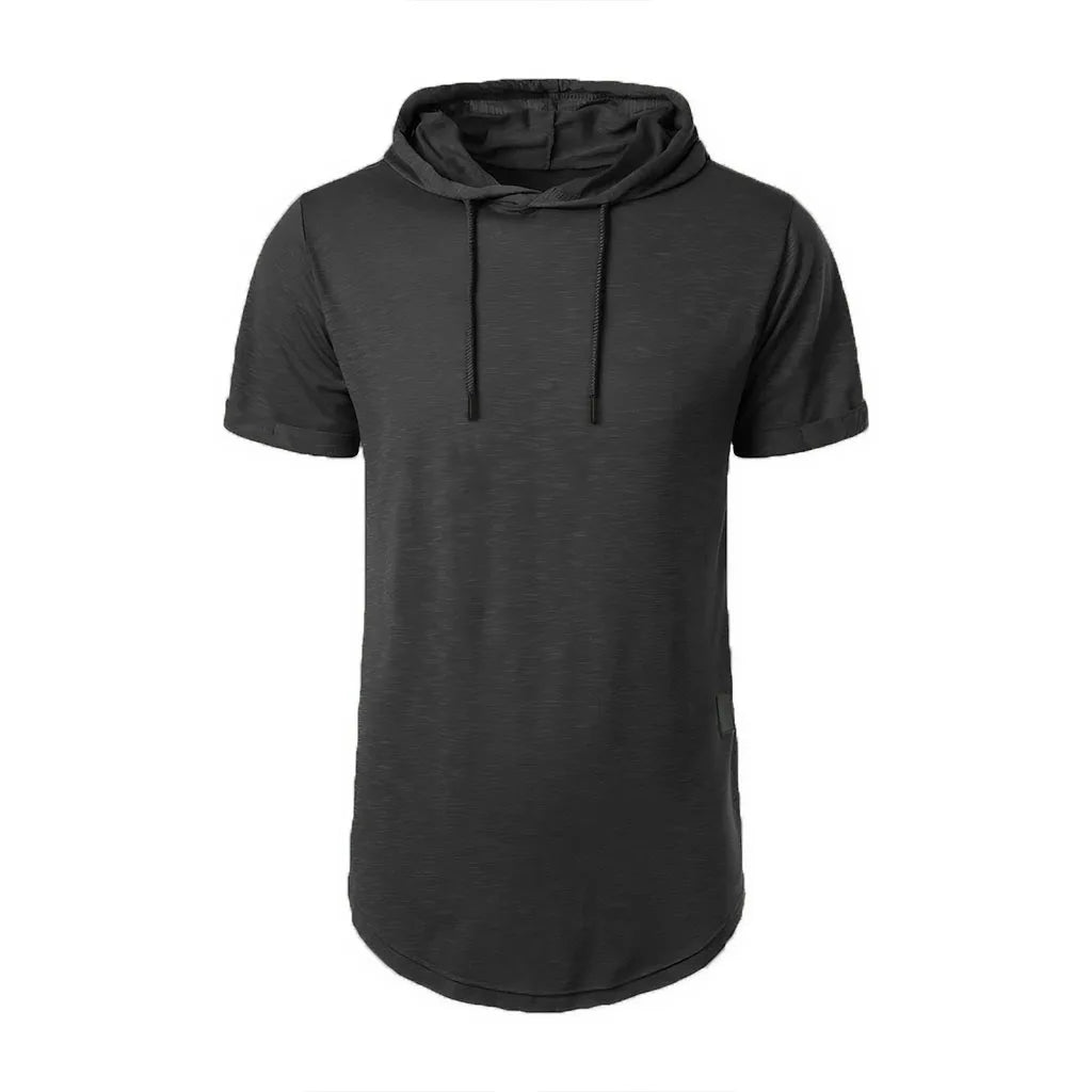 Men’s Short Sleeve Hooded Knit Top With Drawstring And Curved Hem