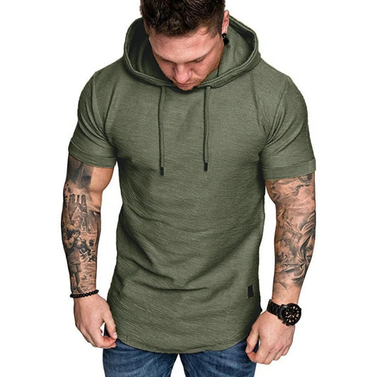 Men’s Short Sleeve Hooded Knit Top With Drawstring And Curved Hem