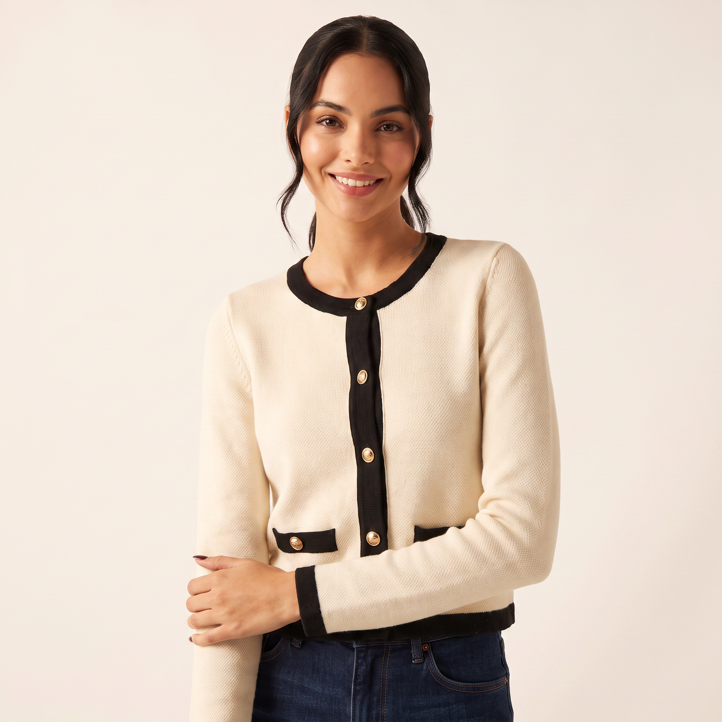 Camille vest met contrasterende bies