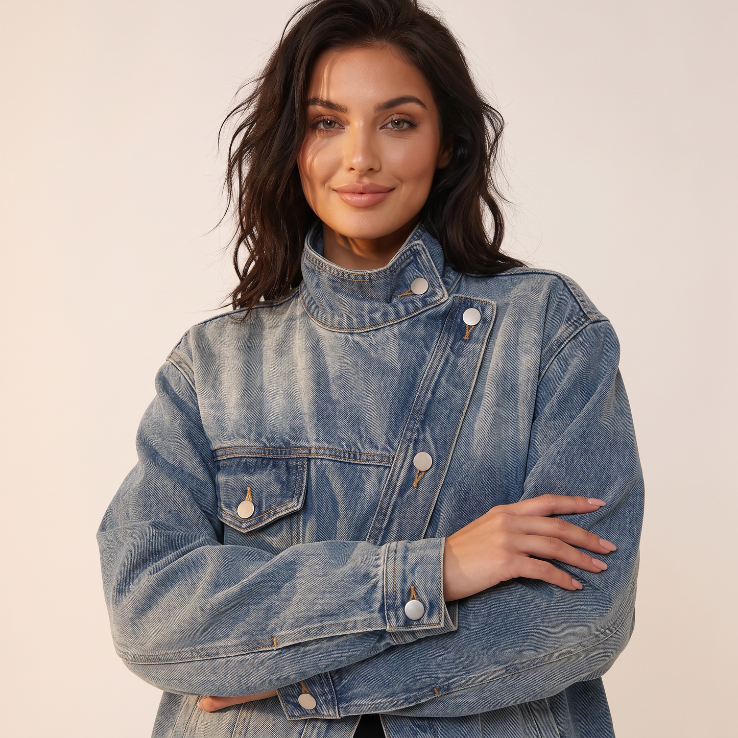 Kaia Asymmetrisch Denim Jack met Hoge Kraag