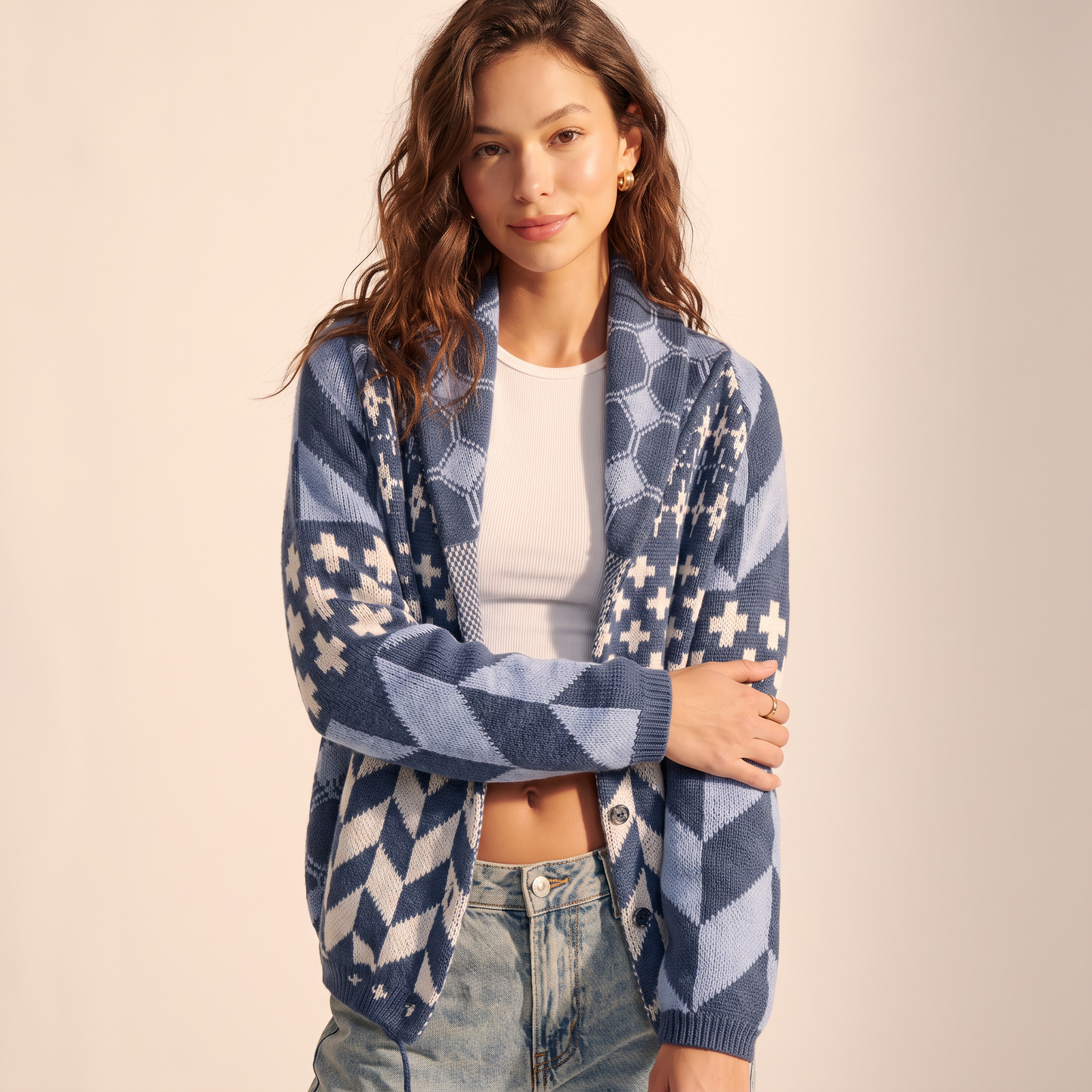 Saskia vest met geometrisch dessin en trekkoord
